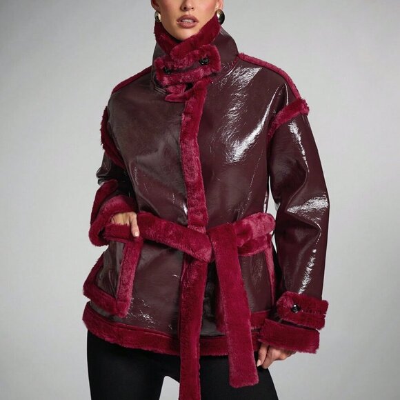Burgundy Casual Women's Faux fur detailed Long Sleeve Faux Leather Jacket Coat - Picture 6 of 7